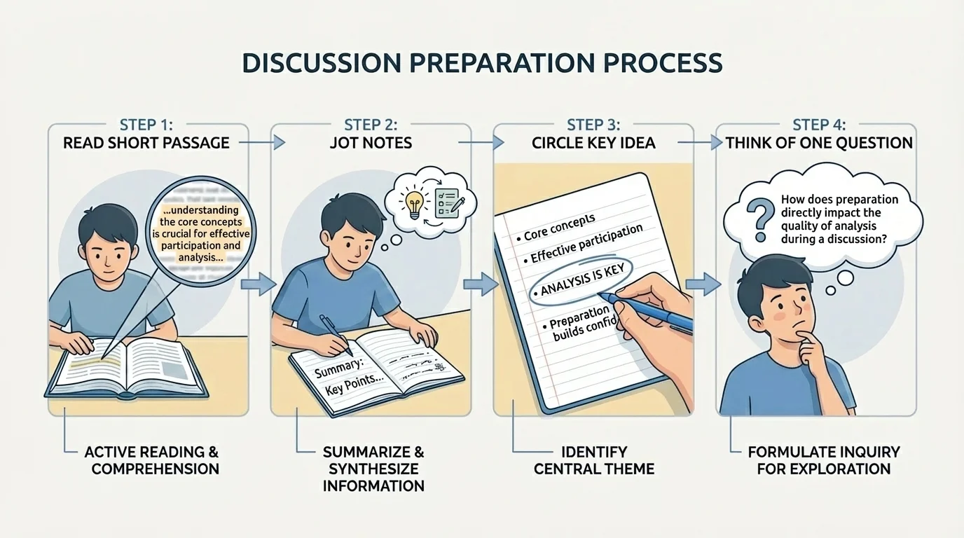 student reading a short passage, jotting notes, circling a key idea, and thinking of one question in a simple step-by-step sequence