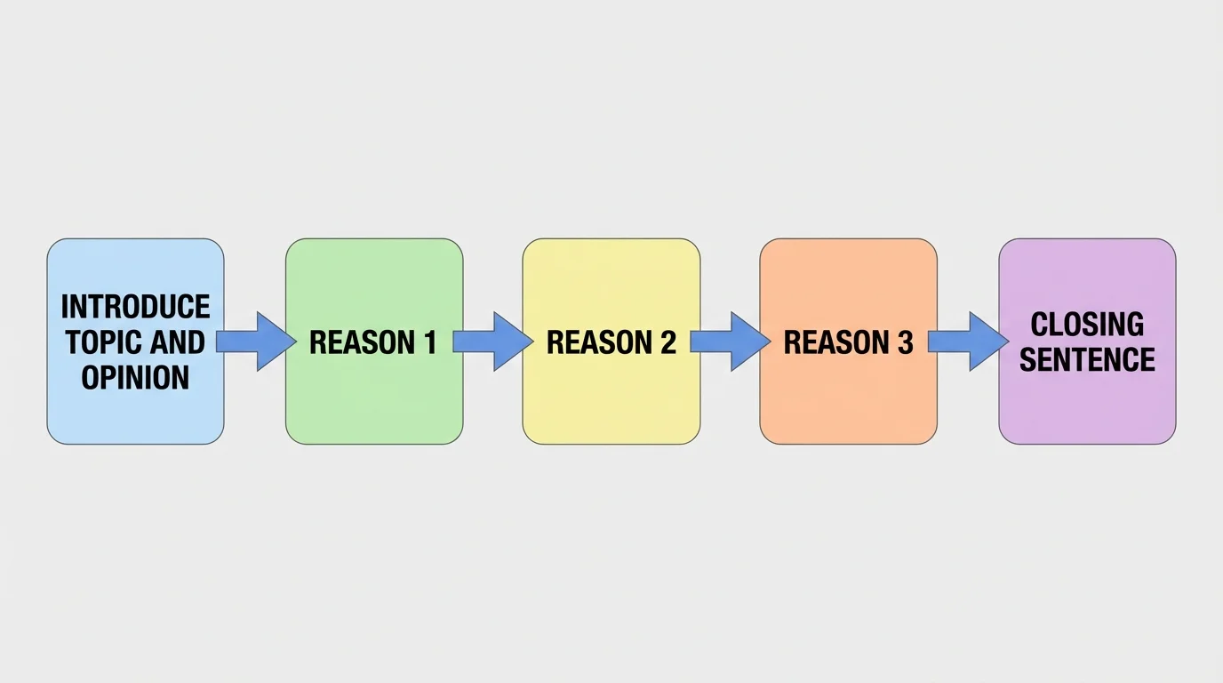 flowchart of opinion piece parts with boxes labeled introduce topic and opinion, reason 1, reason 2, reason 3, and closing sentence connected in order