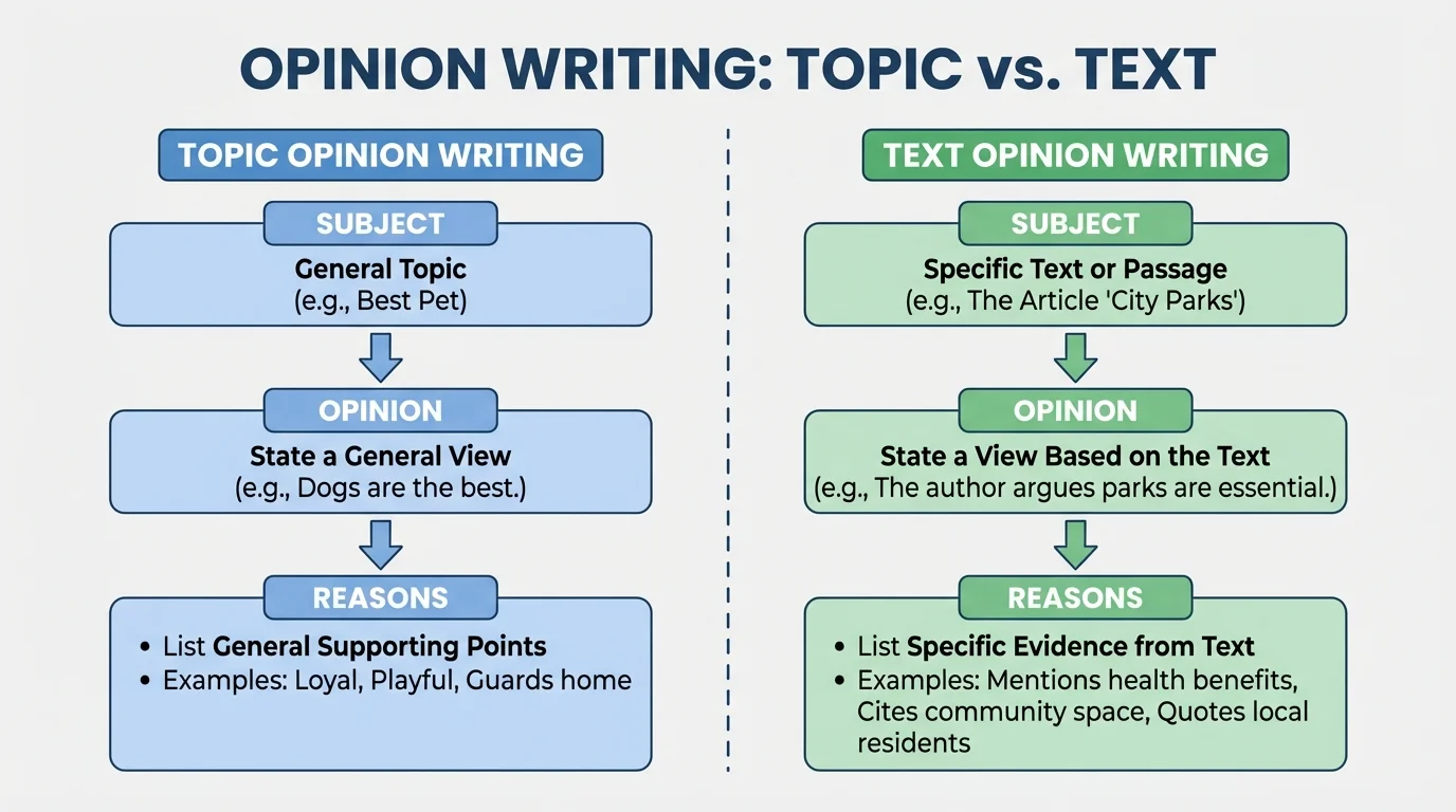 chart comparing topic opinion writing and text opinion writing with simple labeled boxes for subject, opinion, and reasons on each side