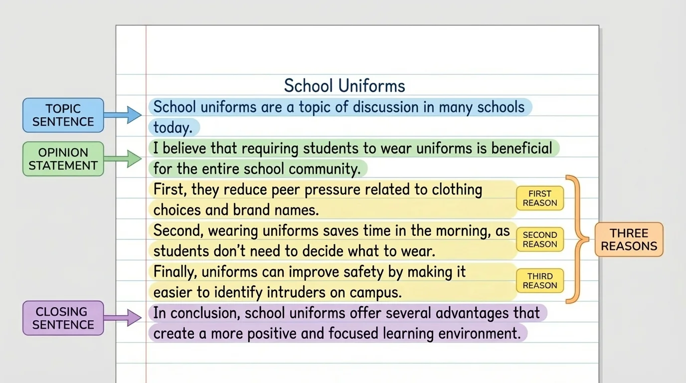 a student paragraph on lined paper with color-coded labels pointing to topic sentence, opinion statement, three reasons, and closing sentence