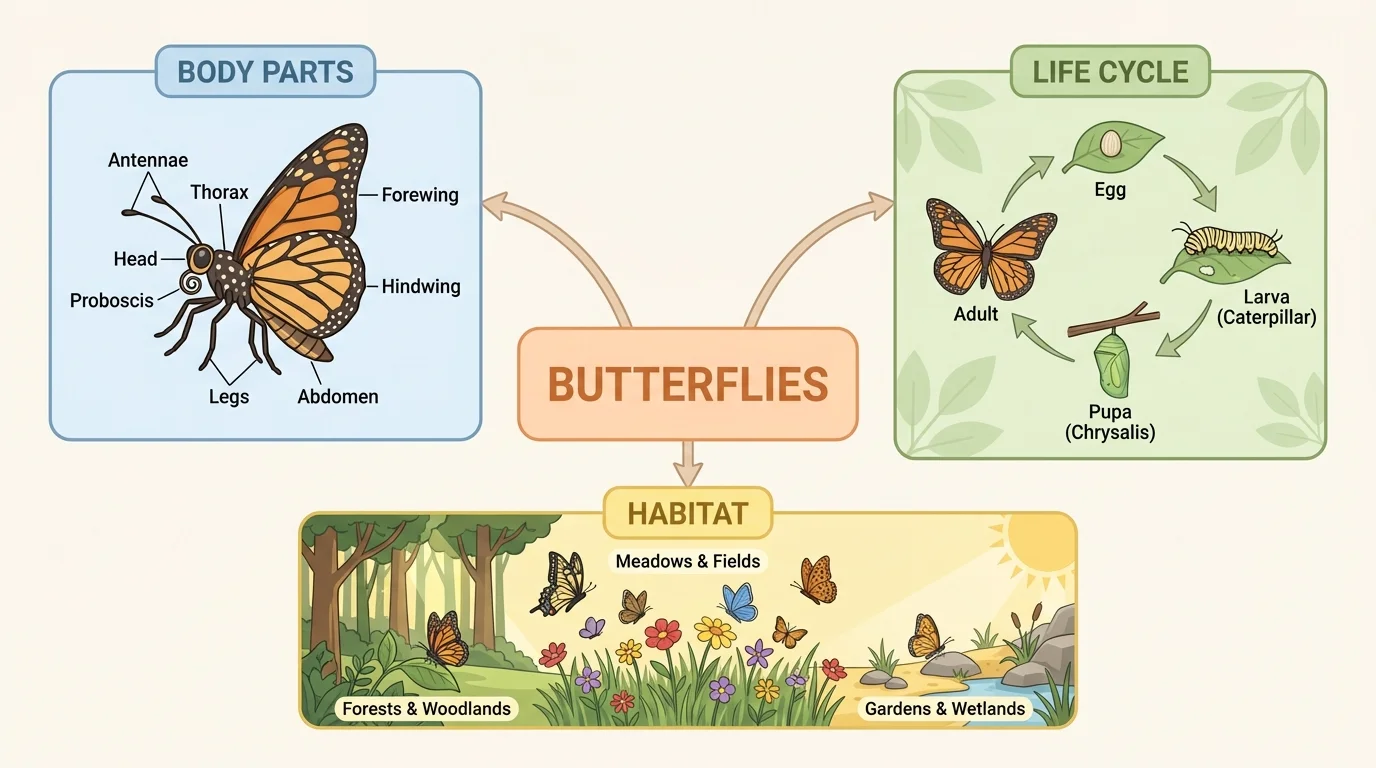 chart showing a main topic 'Butterflies' with grouped branches for body parts, life cycle, and habitat