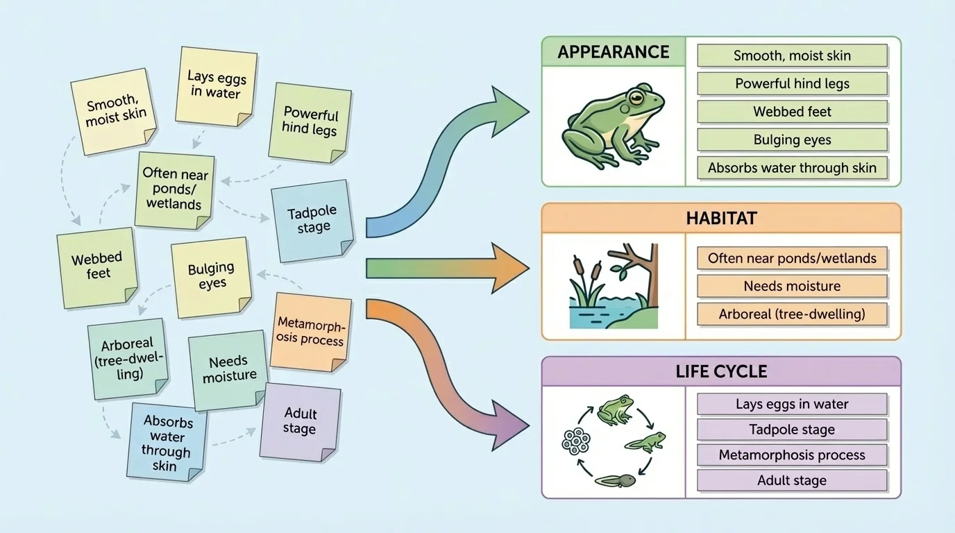 flowchart showing scattered notes about frogs being sorted into groups labeled appearance, habitat, and life cycle