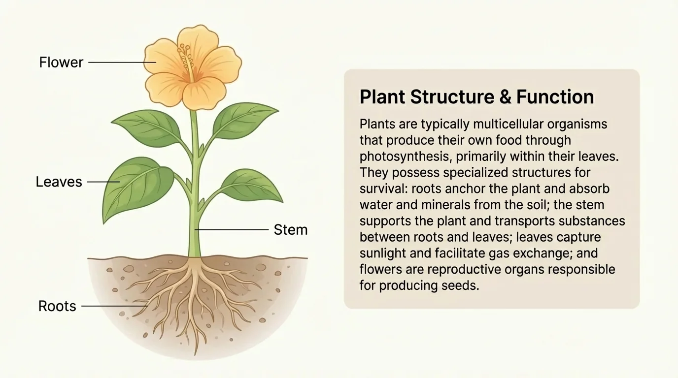 illustration of a plant with labeled parts such as roots, stem, leaves, and flower next to a short informational paragraph