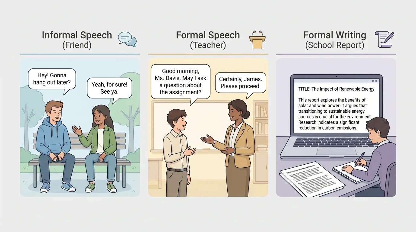 student using informal language with a friend, formal speech with a teacher, and formal writing for a school report, each setting clearly labeled
