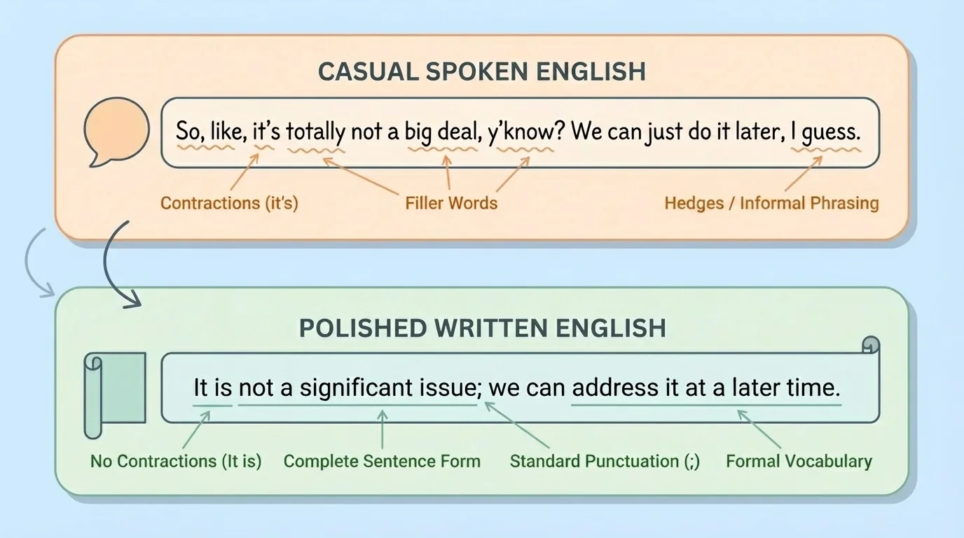 chart comparing a casual spoken sentence and a polished written sentence, with labels for contractions, filler words, punctuation, and complete sentence form