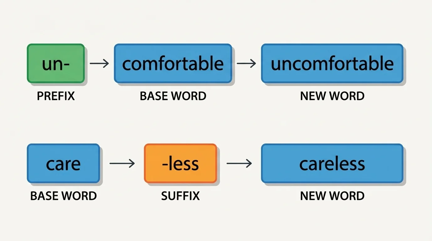 word-building diagram showing the base word care in the center, prefix un- before a base word, suffix -less after care, with labels prefix, base word, suffix