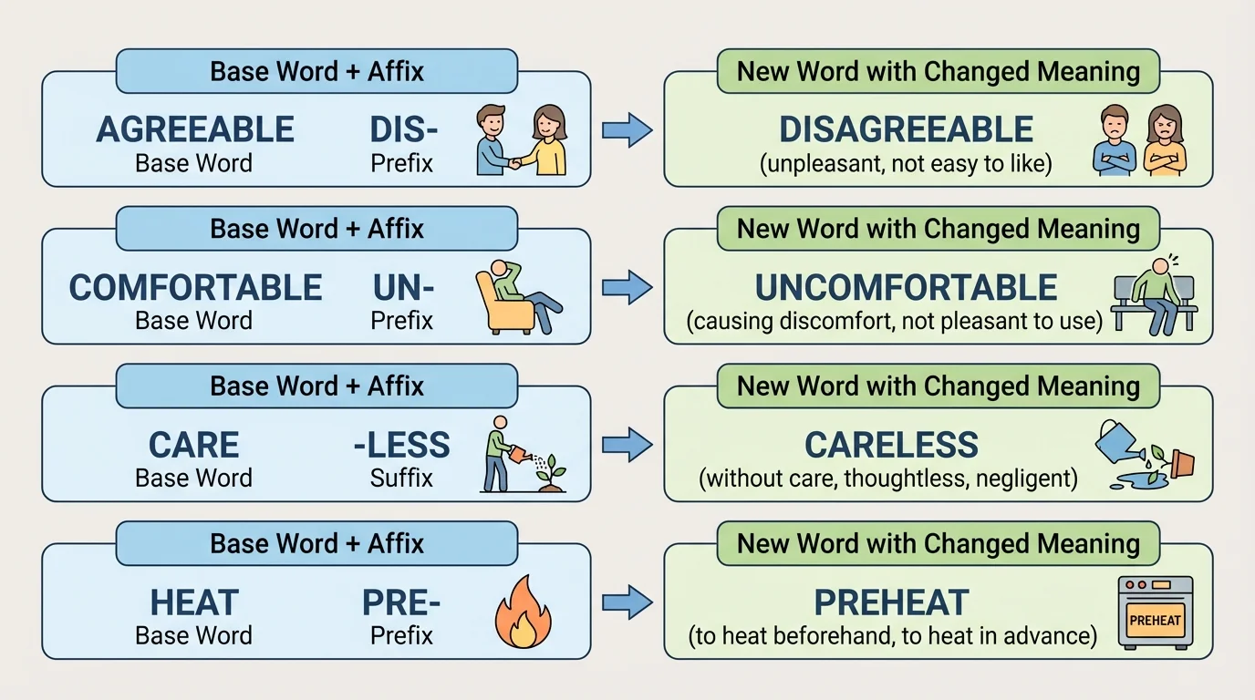 side-by-side chart of agreeable to disagreeable, comfortable to uncomfortable, care to careless, and heat to preheat, with short meaning notes for each pair