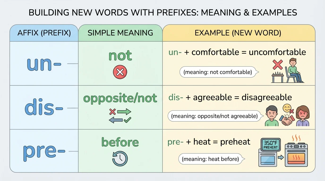 comparison chart with prefixes un-, dis-, and pre-, their simple meanings not, opposite/not, before, and examples uncomfortable, disagreeable, preheat