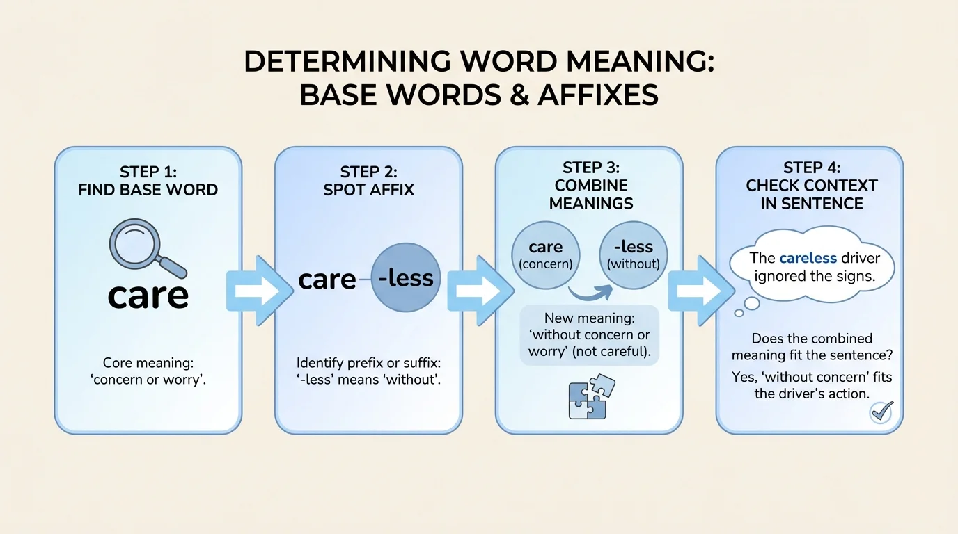 flowchart showing four steps for figuring out a new word: find base word, spot affix, combine meanings, check context in the sentence