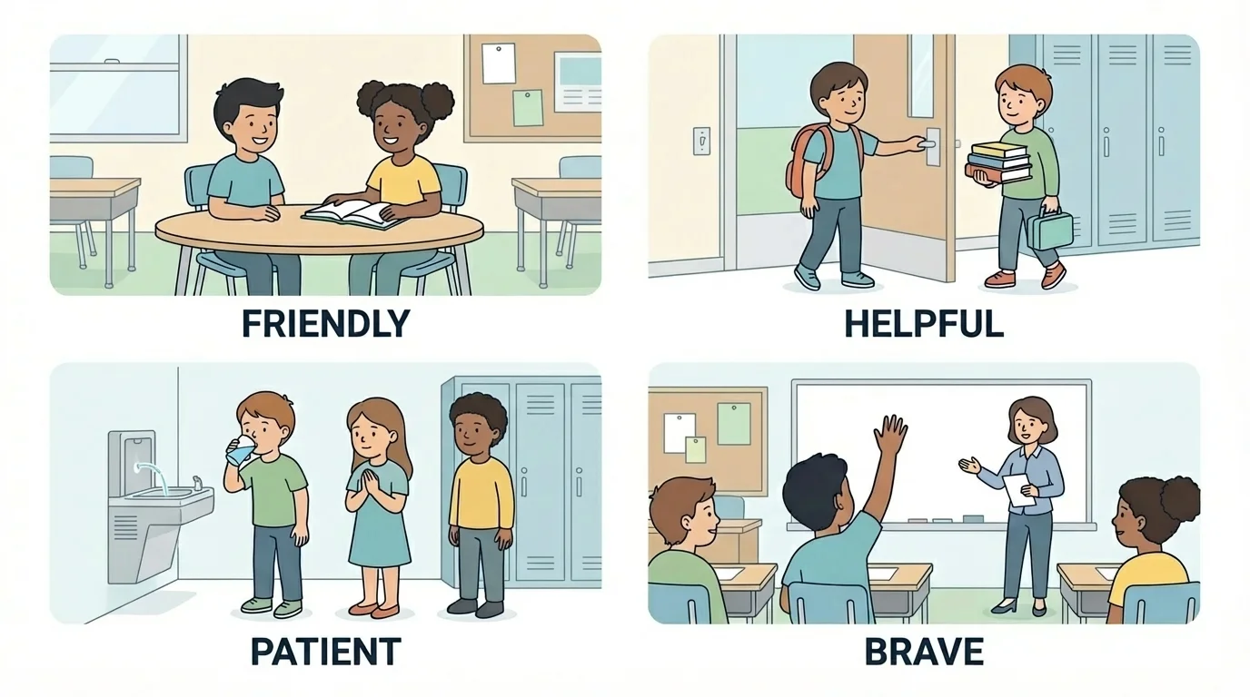 Children in everyday school settings showing friendly, helpful, patient, and brave actions with short labels