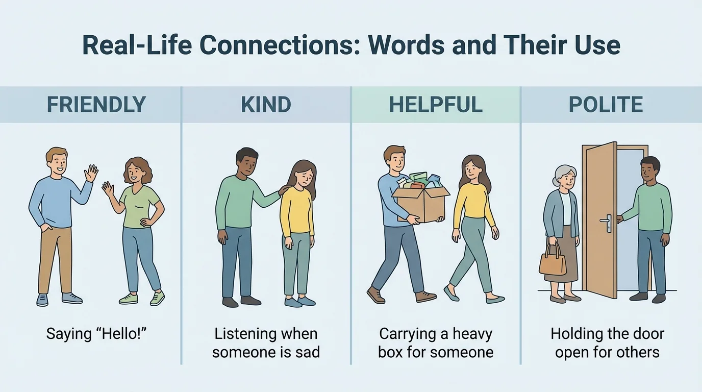 Simple comparison chart showing friendly, kind, helpful, and polite with matching everyday examples