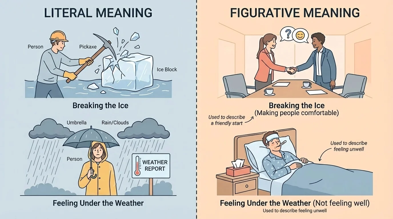 Split illustration showing literal meaning on one side and figurative meaning on the other for two common expressions