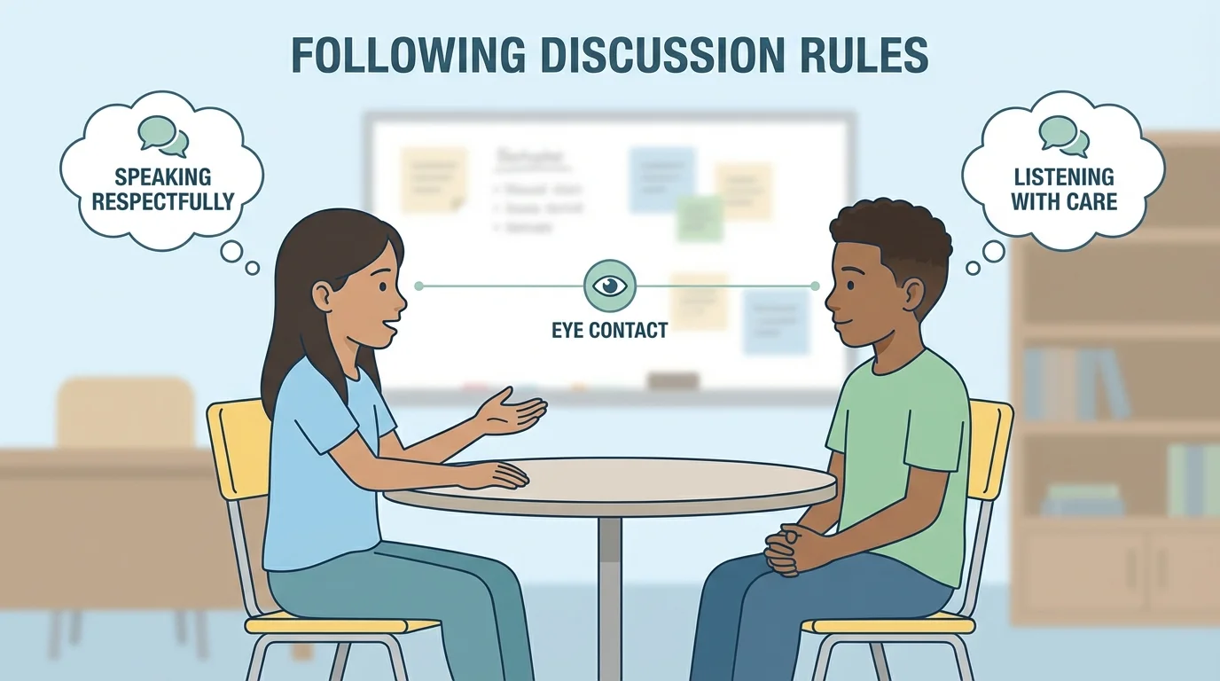 two students in conversation showing eye contact, calm posture, one student speaking and the other listening with hands still and slight nod
