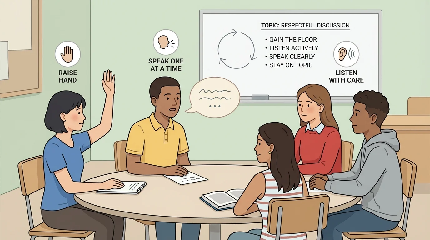 classroom discussion scene with one student raising a hand, one student speaking, and other students waiting while looking at the speaker