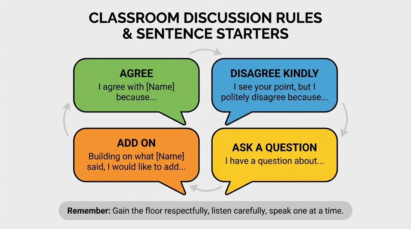 simple classroom discussion chart with speech bubbles labeled agree, disagree kindly, add on, and ask a question, each with a short sentence starter