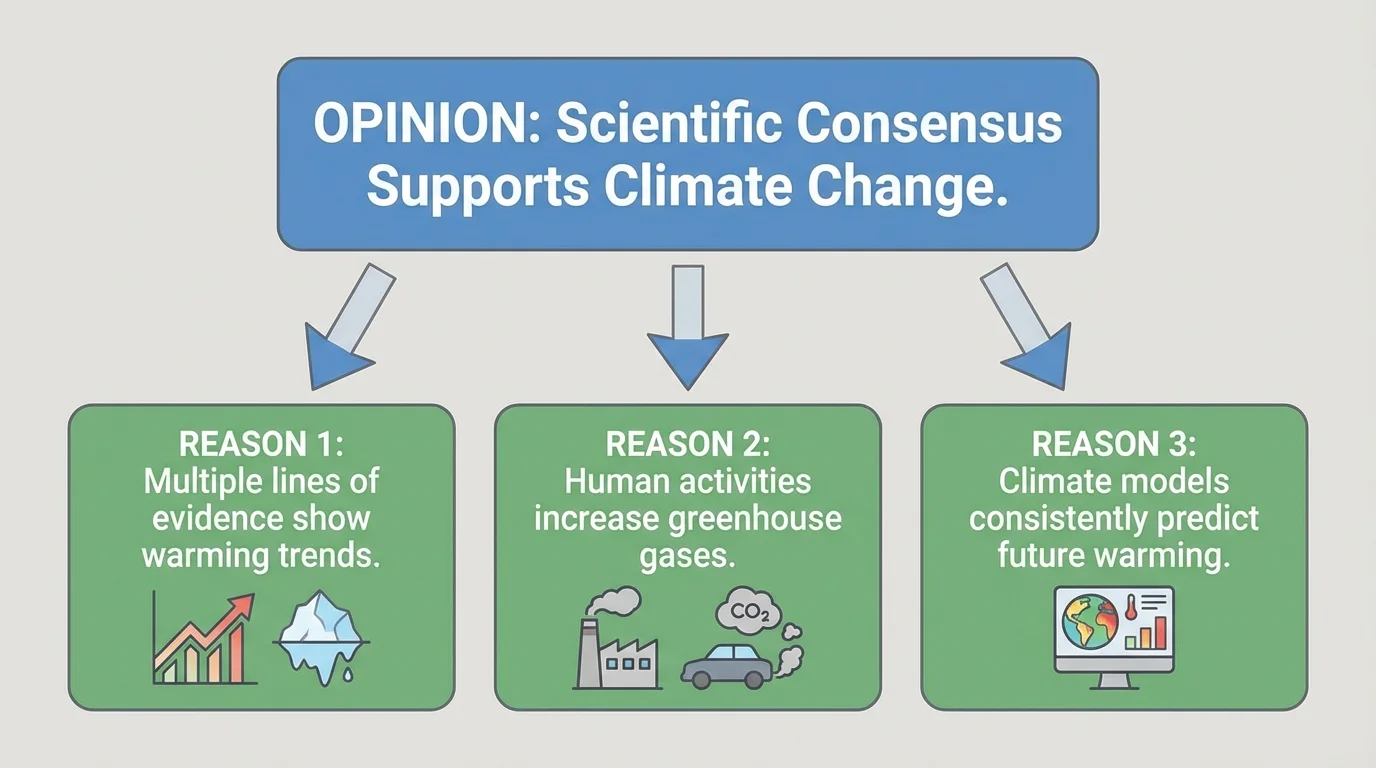 chart with one opinion at top and three matching reasons underneath connected by arrows