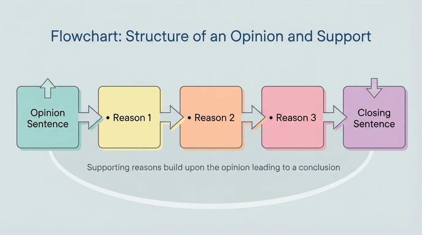 flowchart showing opinion sentence, reason 1, reason 2, reason 3, and closing sentence in order