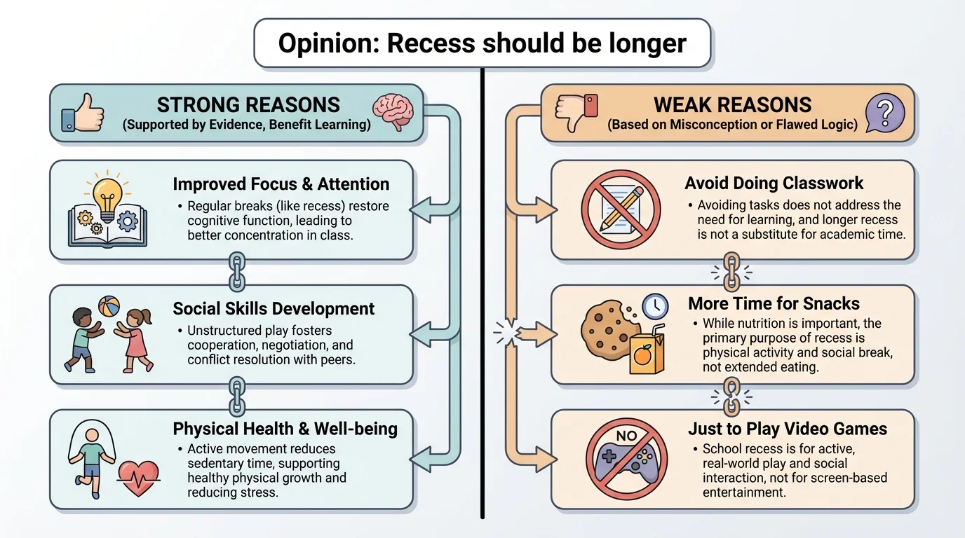 comparison chart showing opinion Recess should be longer with strong reasons on one side and weak reasons on the other