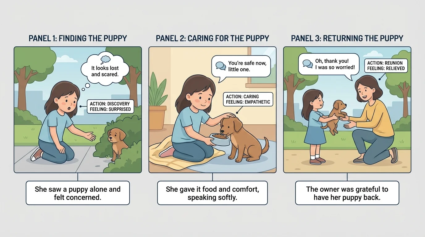Three-panel story sequence showing a girl finding a lost puppy, caring for it at home, and returning it to its owner