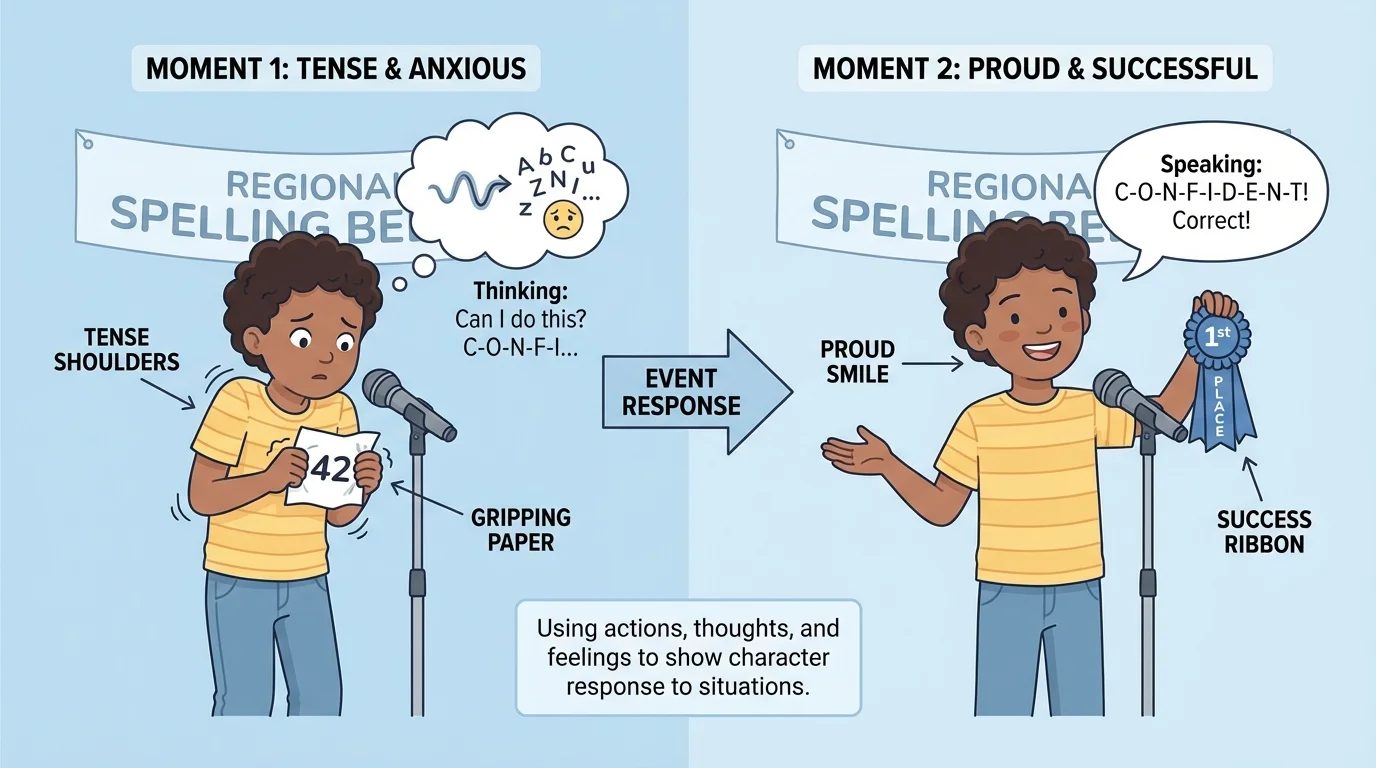 Child at a spelling bee gripping a paper with tense shoulders in one moment, then smiling proudly after success in the next moment