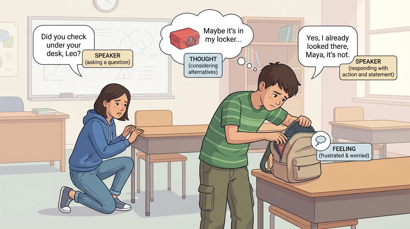 Two students in a classroom searching for a missing lunchbox, with short speech bubbles and small labels showing dialogue and speaker tag
