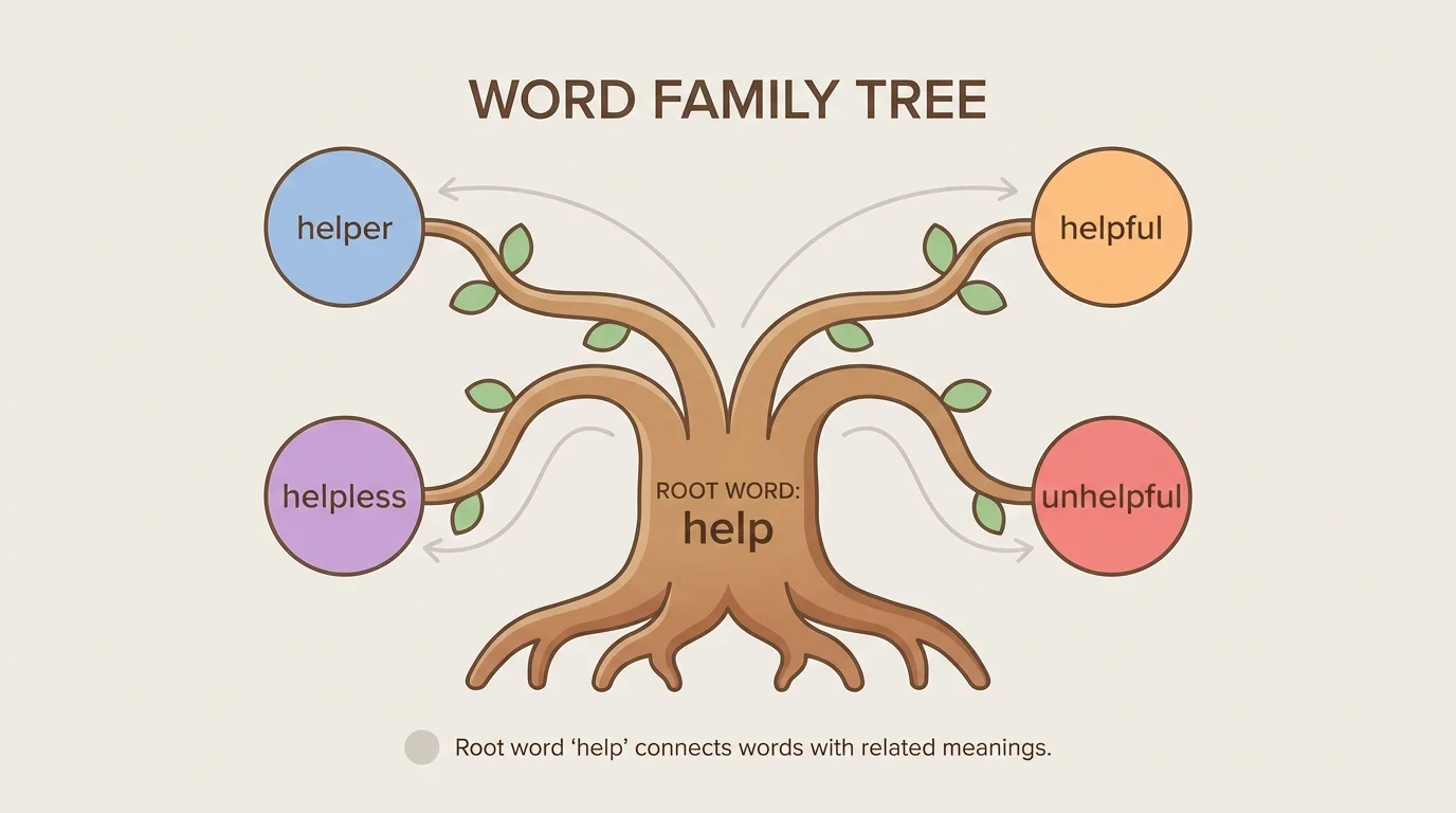 Word family tree with the root word 'help' in the center and branches to helper, helpful, helpless, and unhelpful