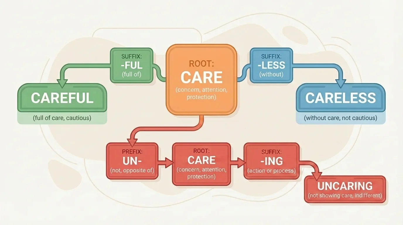 Labeled word-building diagram showing prefix plus root plus suffix using care, careful, careless, and uncaring