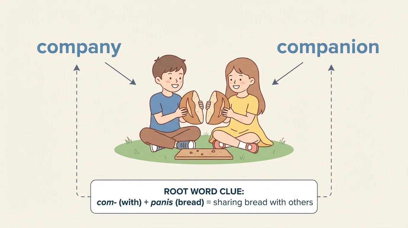 Illustration of two children sharing bread beside labeled words company and companion to show shared meaning of being with others