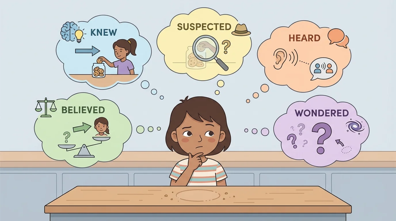 child looking at a missing cookie jar and five nearby thought bubbles labeled knew, believed, suspected, heard, wondered with different short visual clues