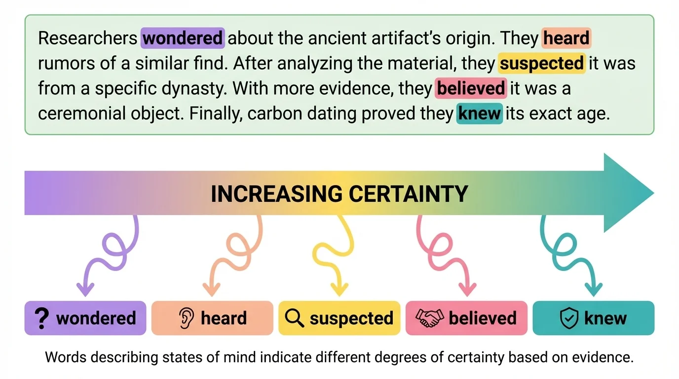 short paragraph with clue words highlighted and arrows pointing to stronger or weaker certainty choices like knew, believed, suspected