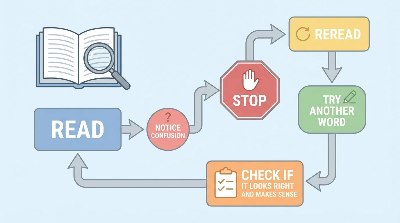 Reading self-correction process with boxes labeled read, notice confusion, stop, reread, try another word, check if it looks right and makes sense