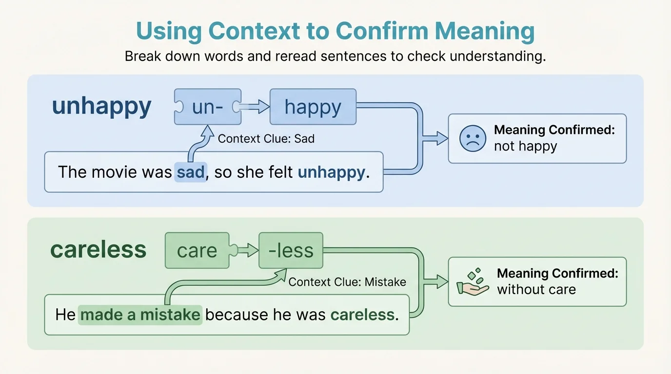 Two words broken into parts, unhappy = un + happy and careless = care + less, with short sentence clues showing how context confirms each meaning