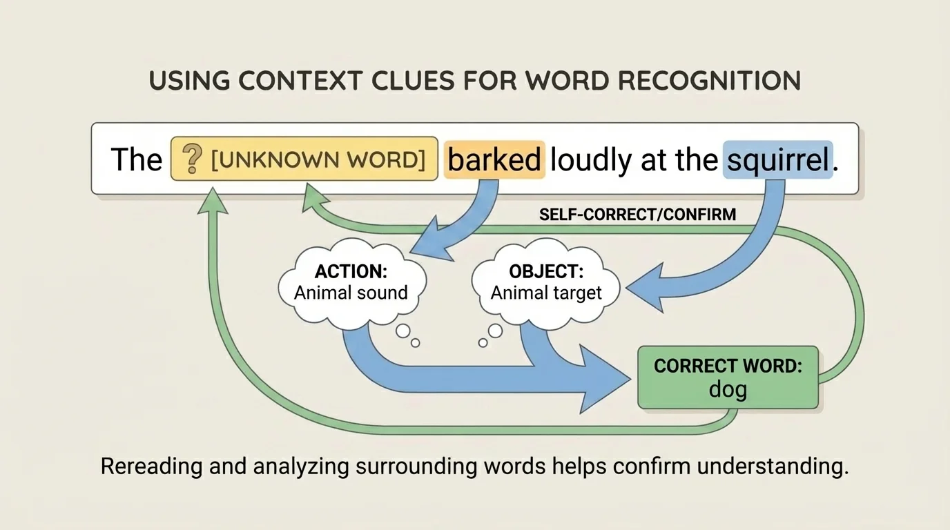 Sentence with one unknown word in the middle, arrows from clue words before and after it, showing how surrounding words help choose the correct word
