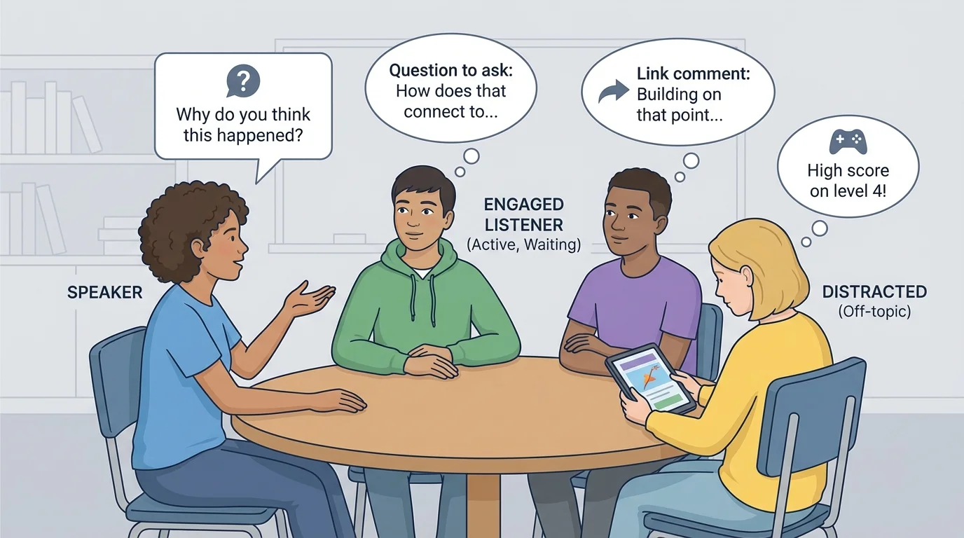 small group discussion with one student facing the speaker, eyes on speaker, hands still, waiting for a turn, with a contrasting student distracted by another activity