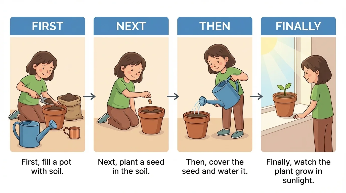 timeline-style story strip of a child planting a seed with labels first, next, then, finally