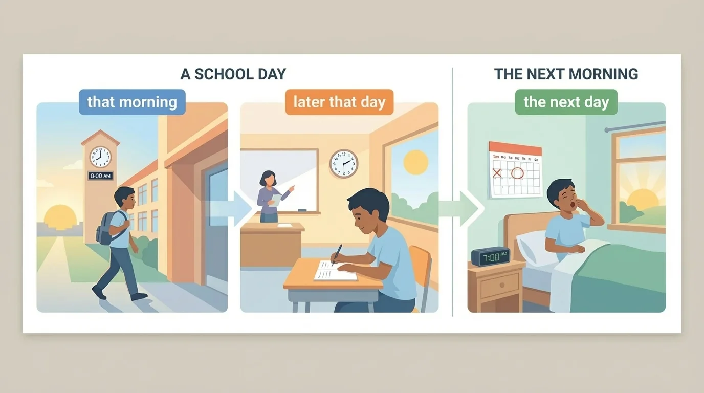 two-part illustration of a school day and the next morning with labels that morning, later that day, the next day