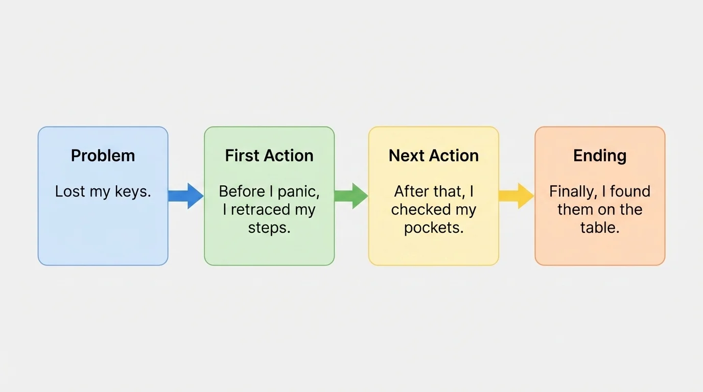 flowchart of narrative sequence from problem to actions to ending using before, after, finally