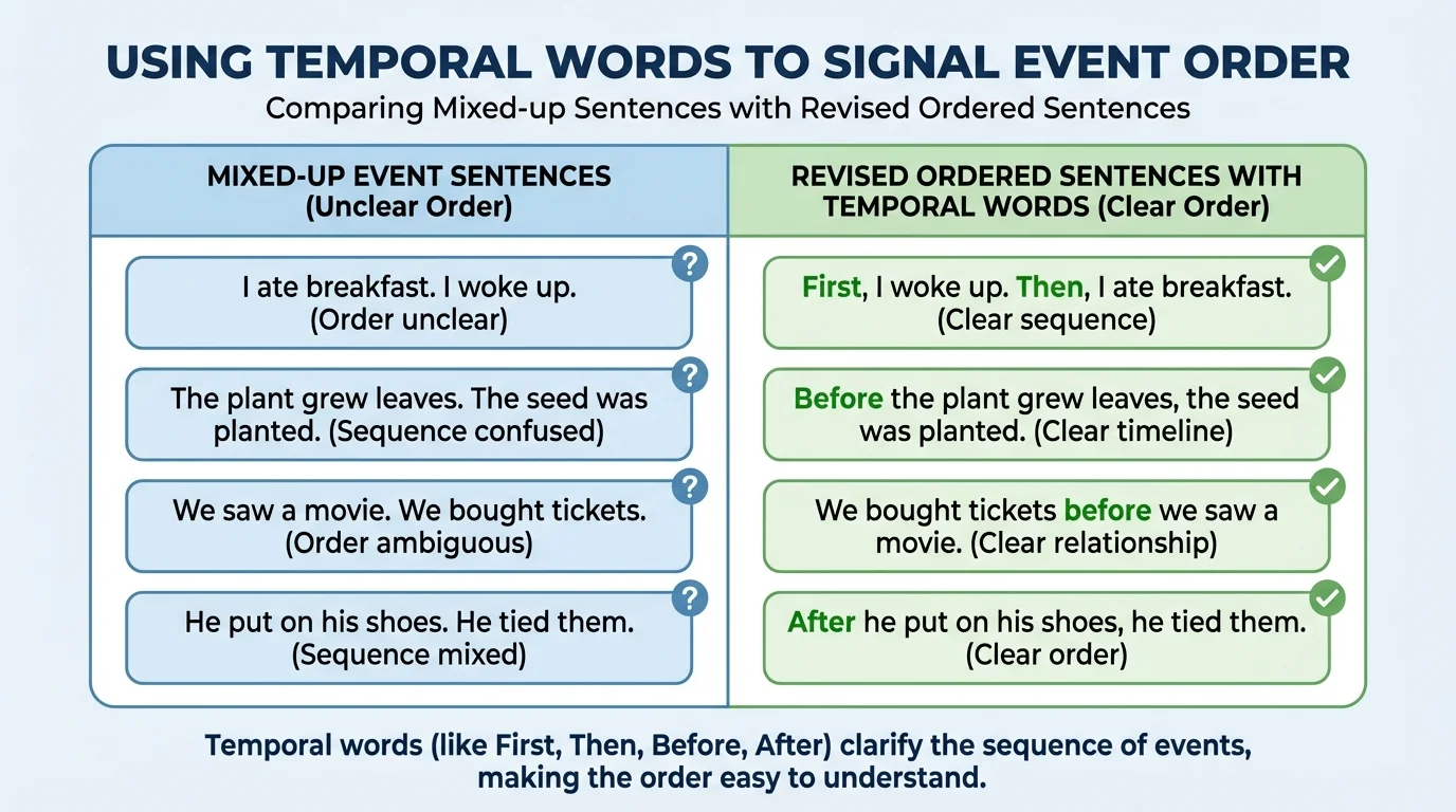chart comparing mixed-up event sentences with revised ordered sentences using temporal words
