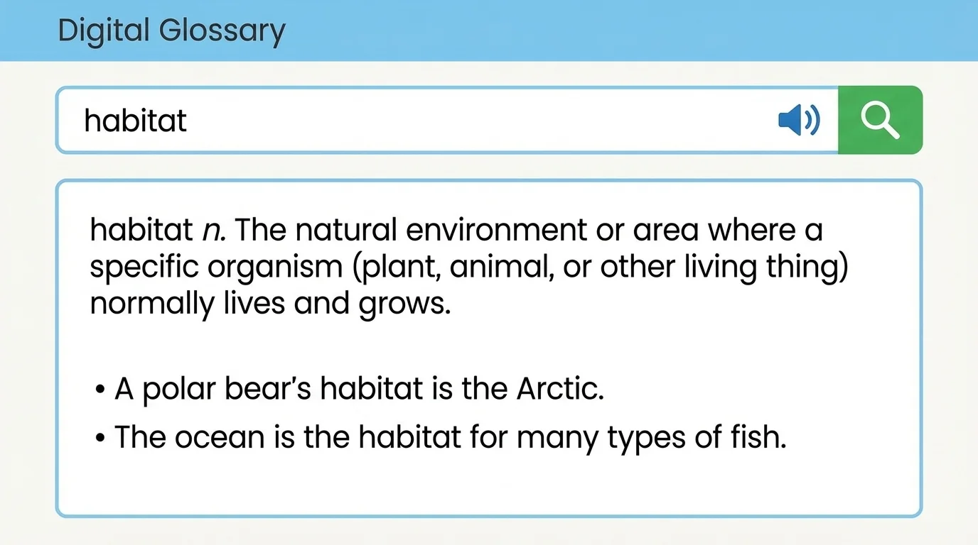 tablet screen with search bar, typed word habitat, speaker icon, and definition result