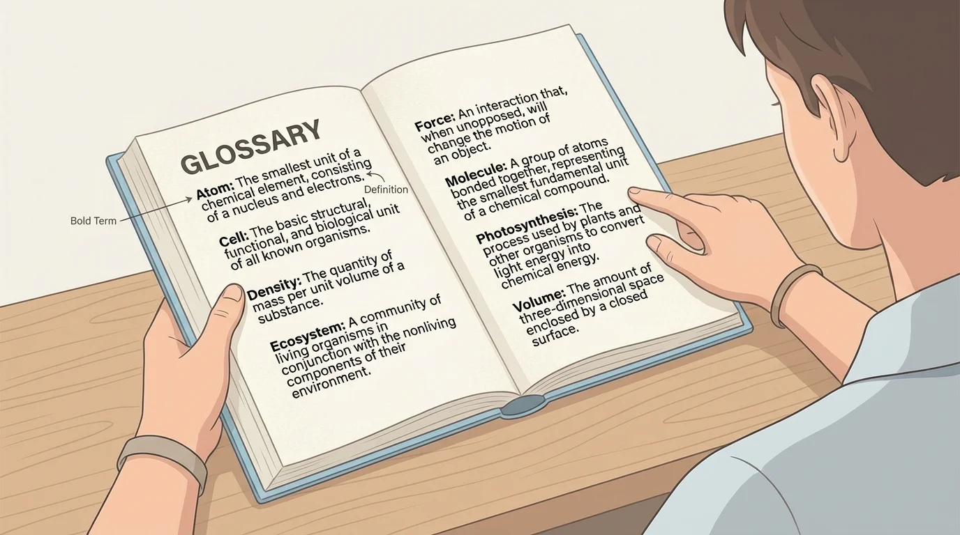 student looking at the back pages of a science book with glossary terms in bold and short definitions