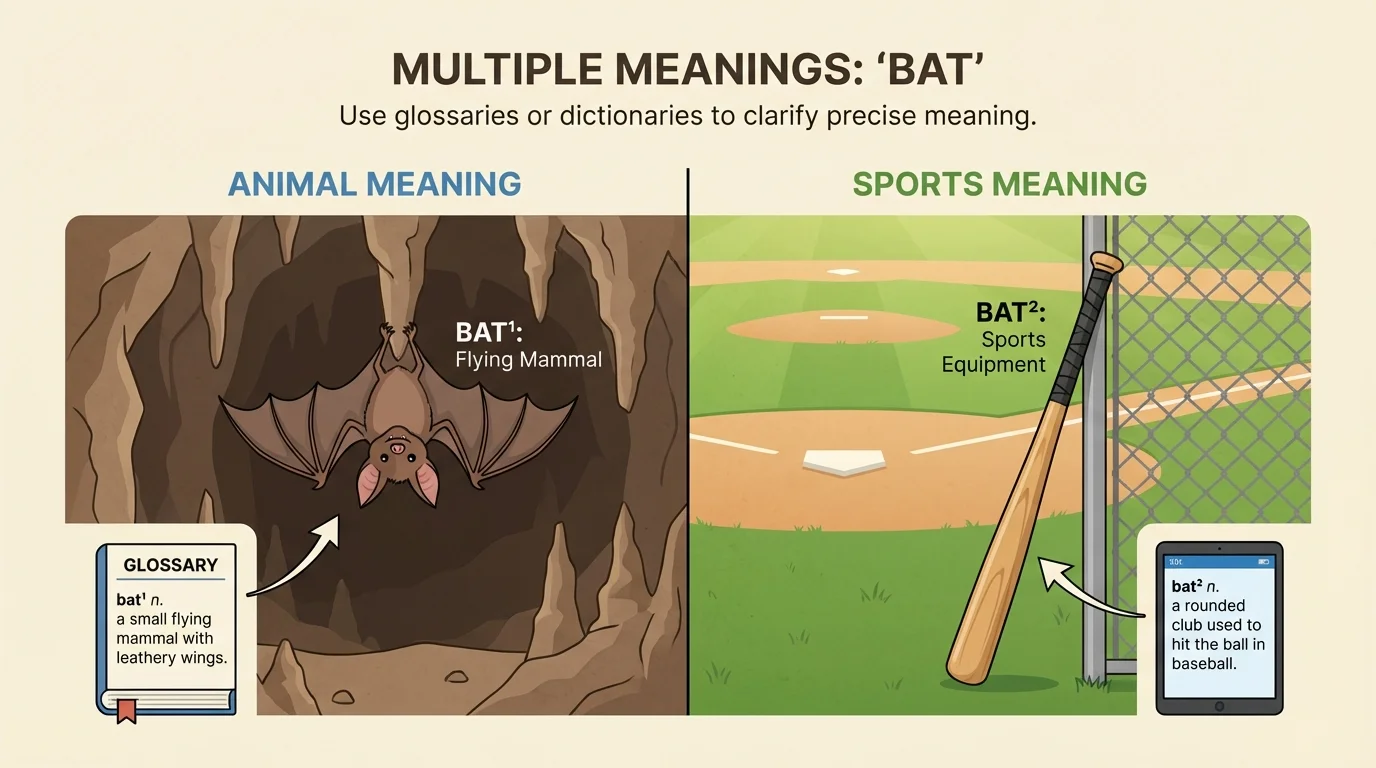 split illustration showing bat as an animal in a cave and bat as sports equipment near a baseball field