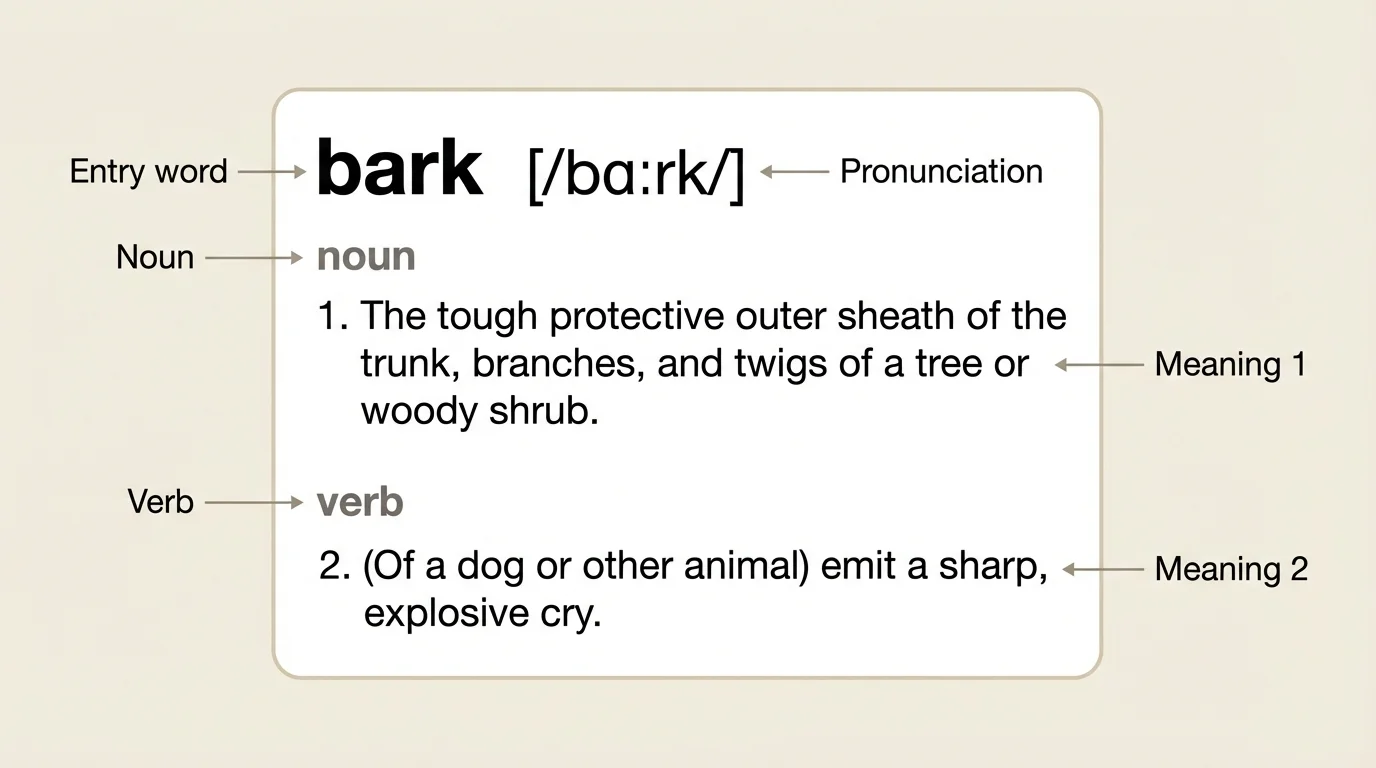 enlarged sample dictionary entry for the word bark with labels for entry word, pronunciation, noun, verb, and two meanings
