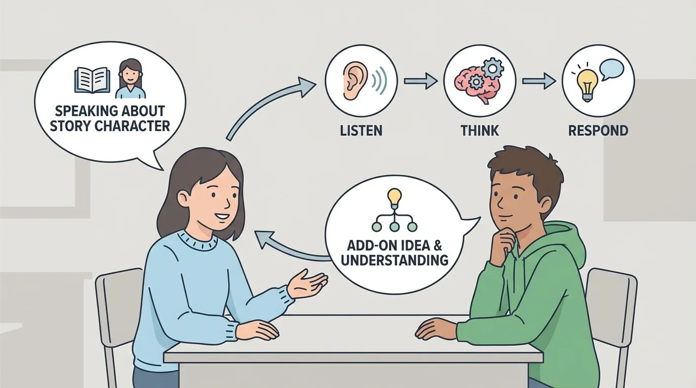 Two students in discussion, one speaking about a story character and the other responding with an add-on idea, with arrows showing listen-think-respond sequence