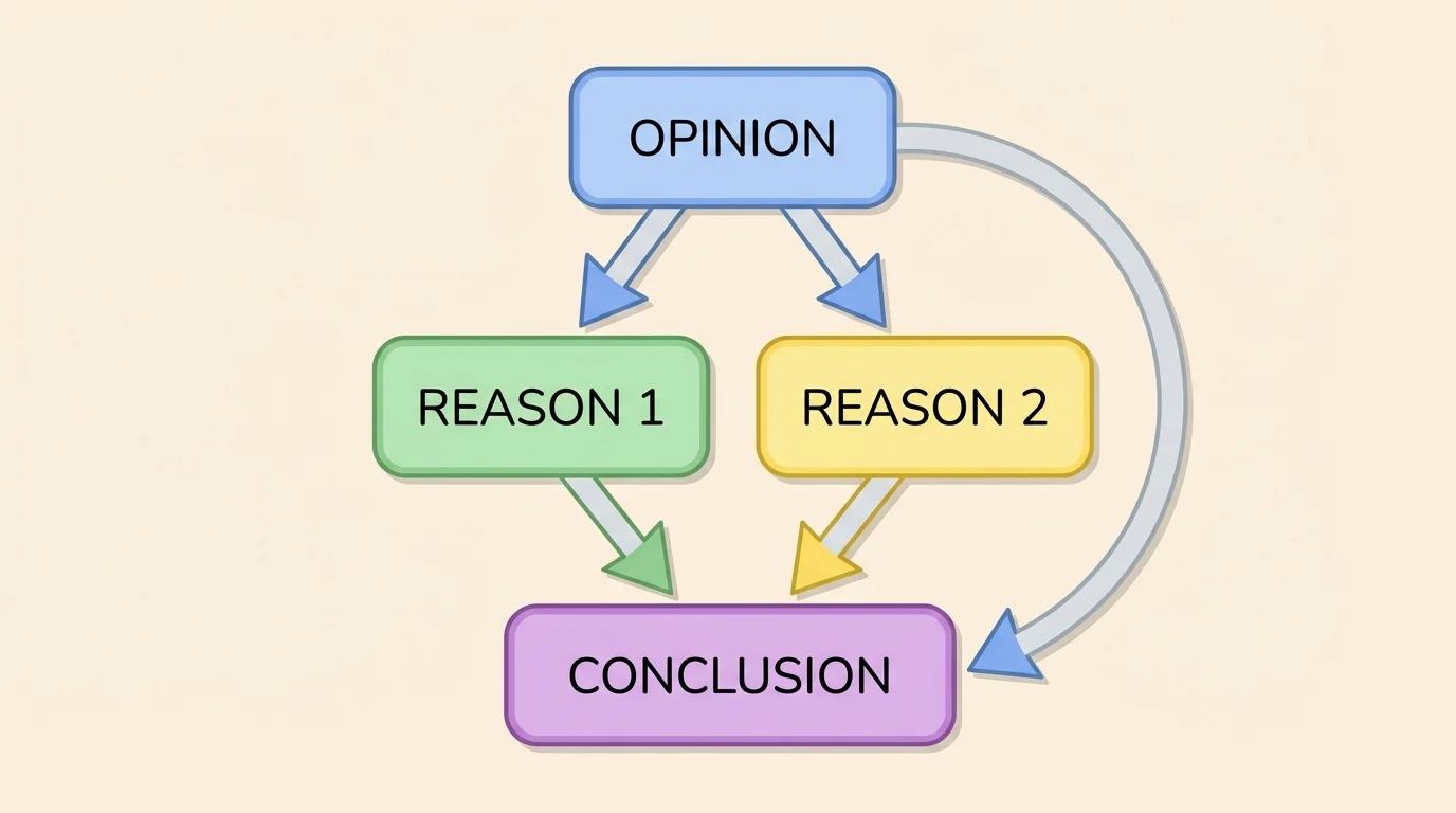 writing organizer with connected boxes labeled opinion, reason 1, reason 2, and conclusion for a student opinion piece