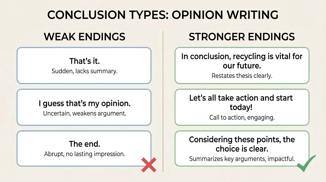 comparison chart with two columns labeled weak endings and stronger endings, using short opinion-writing examples