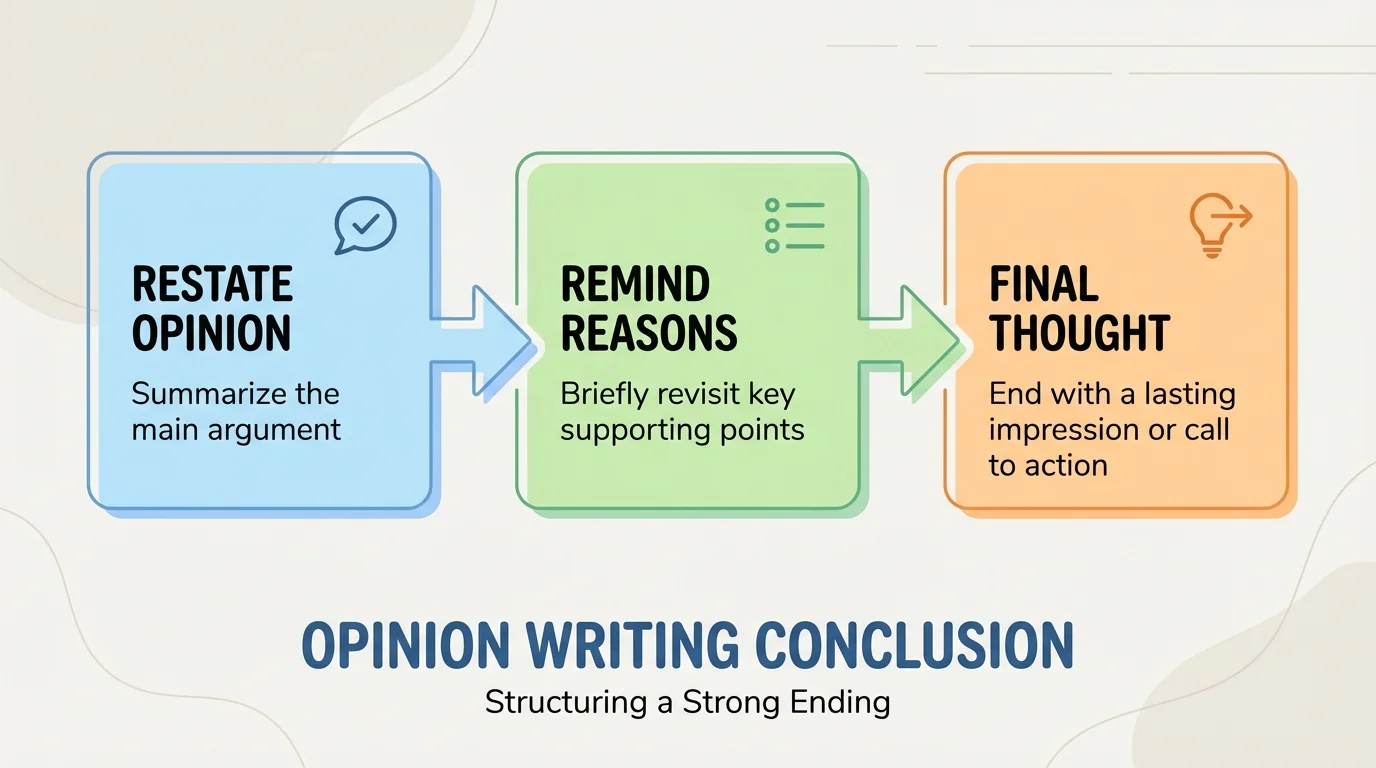 opinion writing conclusion with three connected boxes labeled restate opinion, remind reasons, and final thought