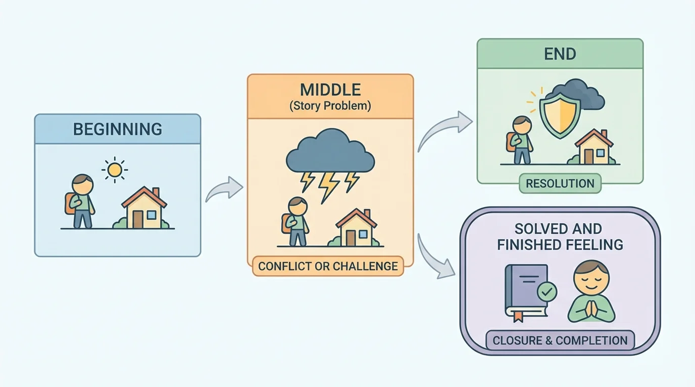 simple story arc labeled beginning, middle, end, with a story problem in the middle and a final box labeled solved and finished feeling