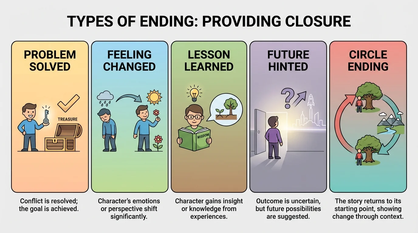 comparison chart of ending types with simple labels and tiny example scenes for problem solved, feeling changed, lesson learned, future hinted, and circle ending