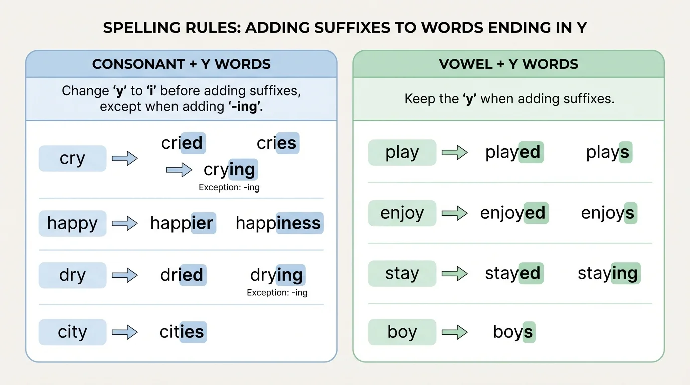 two-column comparison chart with consonant plus y words cry to cried and cries, happy to happier and happiness, and vowel plus y words play to played and plays, enjoy to enjoyed