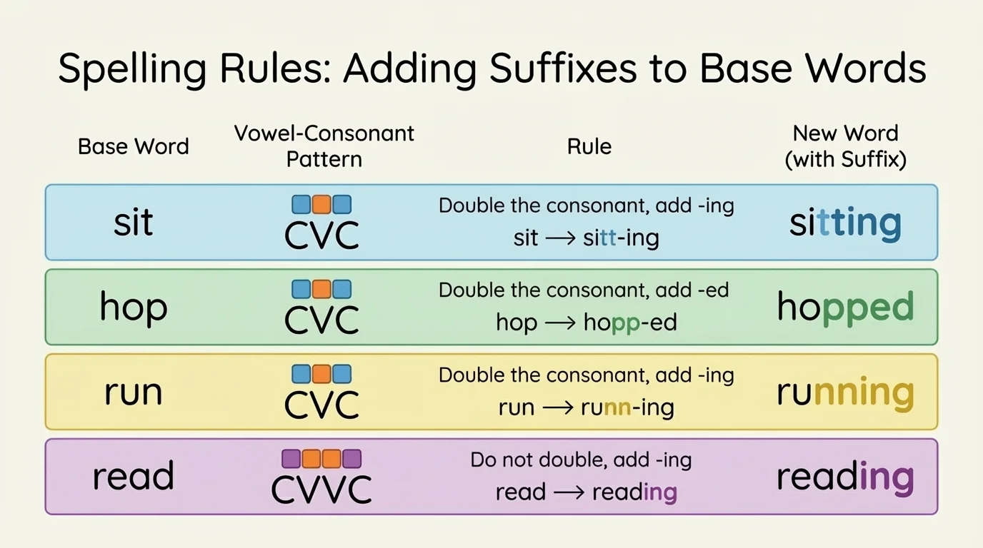 chart showing short-vowel one-syllable words sit to sitting, hop to hopped, run to running, and comparison with read to reading without doubling